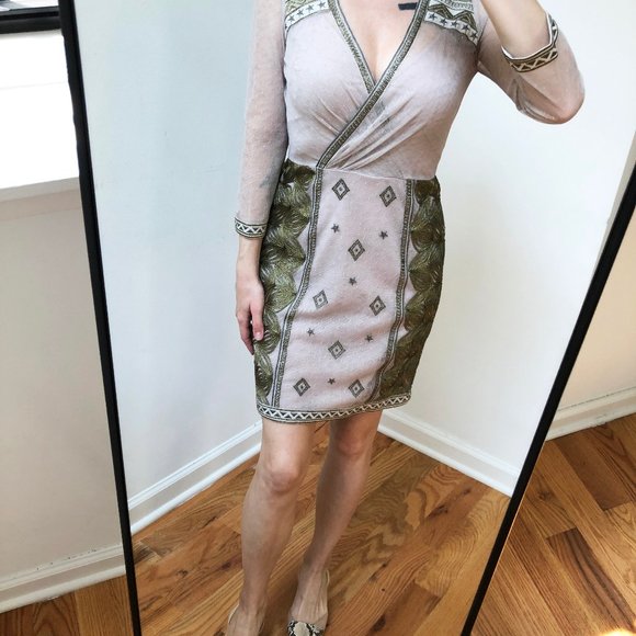 Fancy golden sheath cocktail dress S, event deep v neck dress for wedding guest - Picture 13 of 13